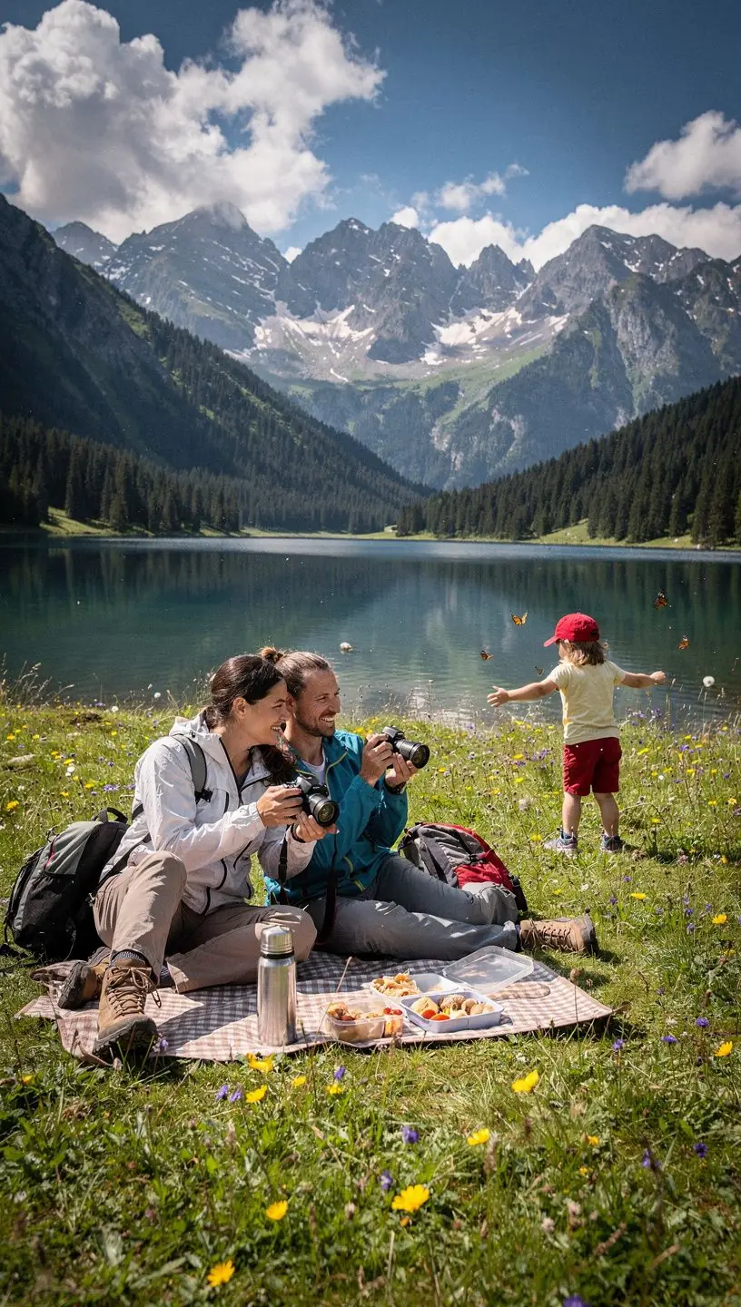 Adventurers enjoying a picnic on a rocky outcrop, with stunning mountain scenery in the background.